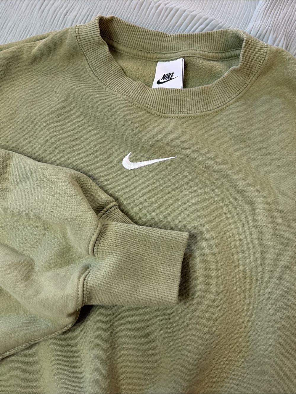 Nike Olive Green Cropped Crewneck Sweatshirt with White Swoosh - Picture 1 of 2